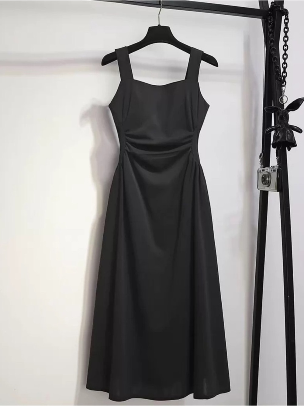 Black Square-Neck Midi Dress with Wide Straps
